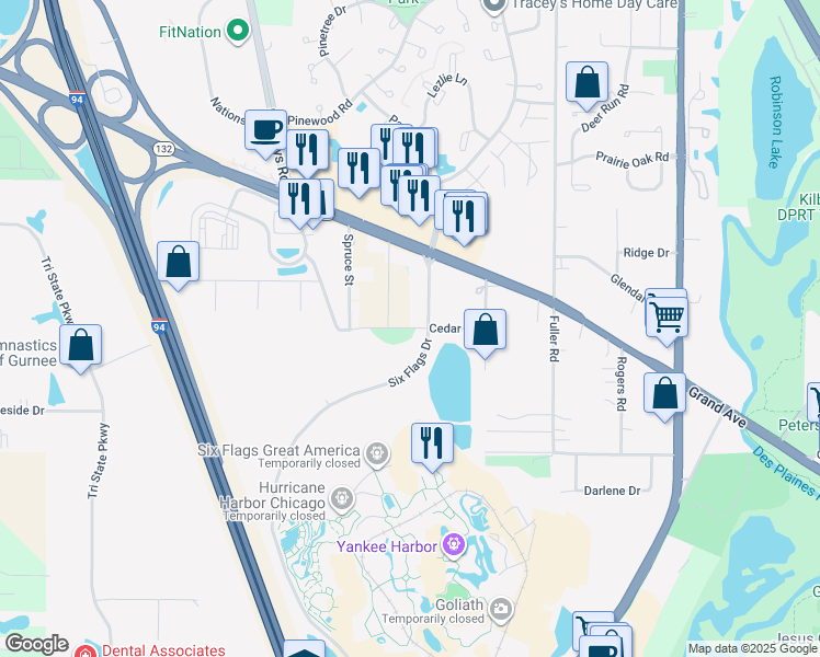 map of restaurants, bars, coffee shops, grocery stores, and more near Cedar Avenue in Gurnee