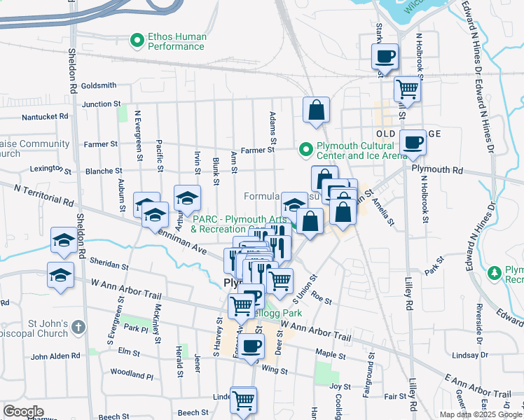 map of restaurants, bars, coffee shops, grocery stores, and more near 275 Adams Street in Plymouth