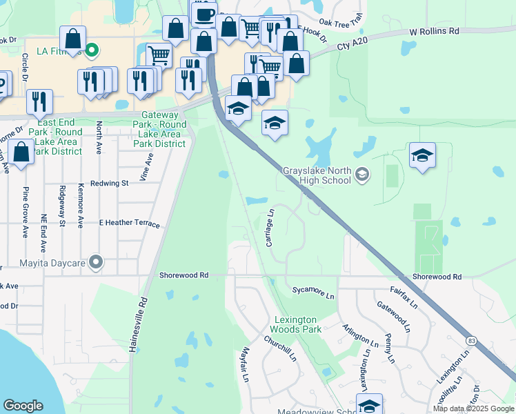 map of restaurants, bars, coffee shops, grocery stores, and more near 942 Carriage Court in Lake Villa
