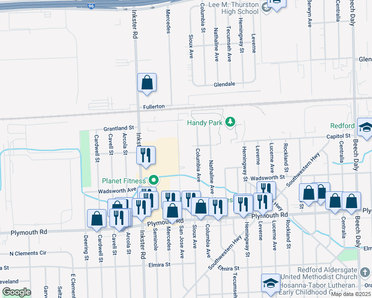 map of restaurants, bars, coffee shops, grocery stores, and more near 12220 San Jose Avenue in Redford Charter Township