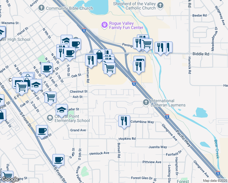 map of restaurants, bars, coffee shops, grocery stores, and more near 301 Freeman Road in Central Point
