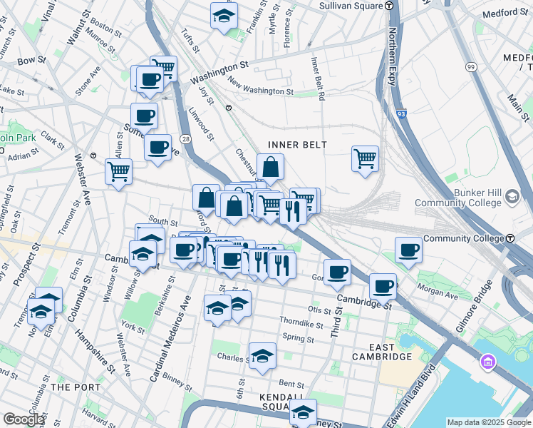 map of restaurants, bars, coffee shops, grocery stores, and more near 22 McGrath Highway in Somerville