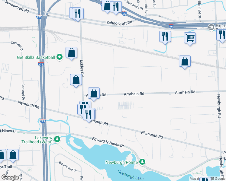 map of restaurants, bars, coffee shops, grocery stores, and more near 12950 Eckles Road in Livonia