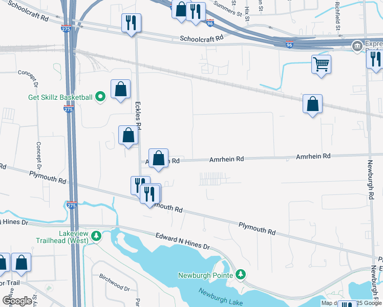 map of restaurants, bars, coffee shops, grocery stores, and more near 12950 Eckles Road in Livonia