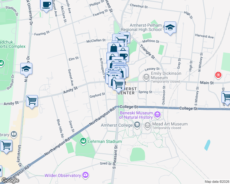 map of restaurants, bars, coffee shops, grocery stores, and more near in Amherst