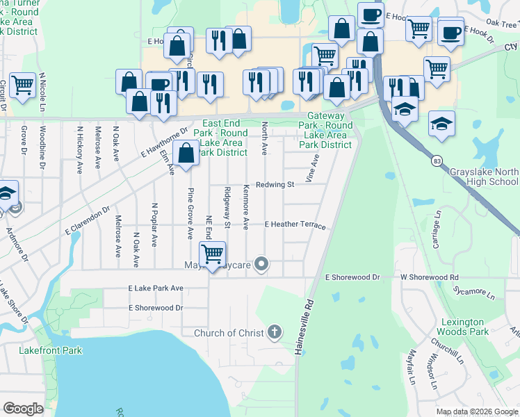 map of restaurants, bars, coffee shops, grocery stores, and more near 1427 North Avenue in Round Lake Beach