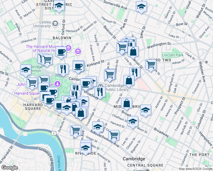 map of restaurants, bars, coffee shops, grocery stores, and more near 1640 Cambridge Street in Cambridge