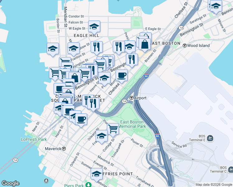 map of restaurants, bars, coffee shops, grocery stores, and more near 217 Chelsea Street in Boston