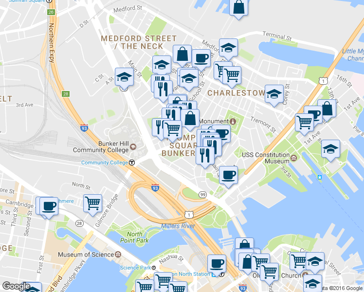 map of restaurants, bars, coffee shops, grocery stores, and more near 35 Lawrence Street in Boston