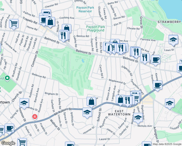 map of restaurants, bars, coffee shops, grocery stores, and more near 67 Commonwealth Road in Watertown