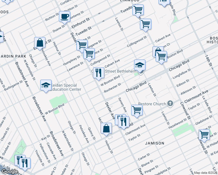 map of restaurants, bars, coffee shops, grocery stores, and more near 3353 West Boston Boulevard in Detroit