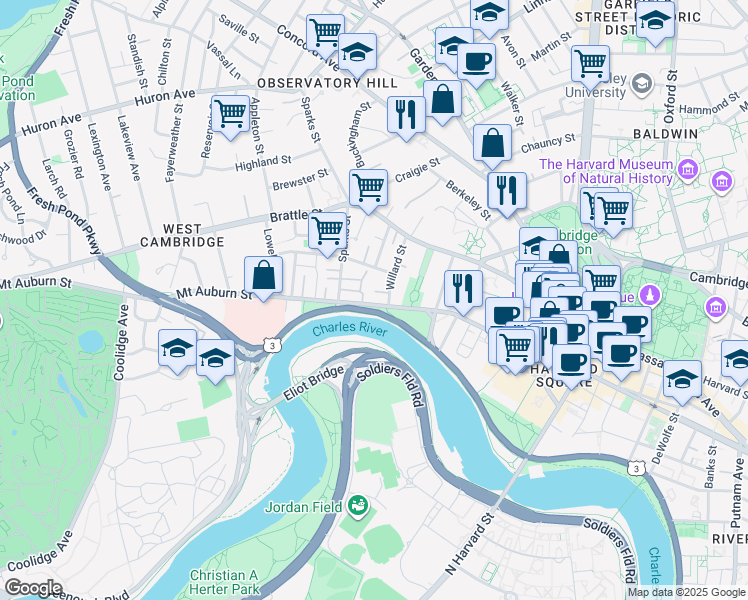 map of restaurants, bars, coffee shops, grocery stores, and more near 33 Willard Street in Cambridge