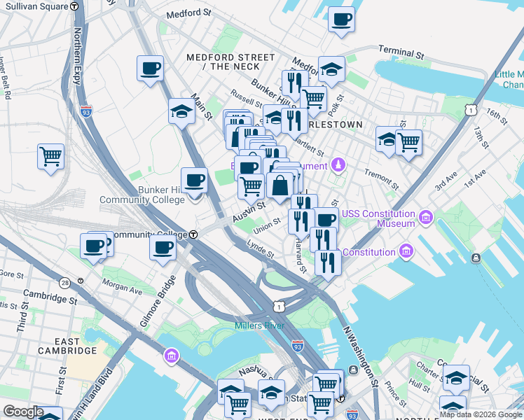 map of restaurants, bars, coffee shops, grocery stores, and more near 20 Lawrence Street in Boston