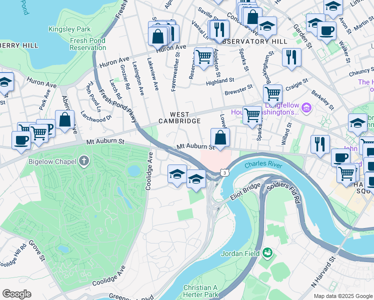 map of restaurants, bars, coffee shops, grocery stores, and more near 360 Mount Auburn Street in Cambridge