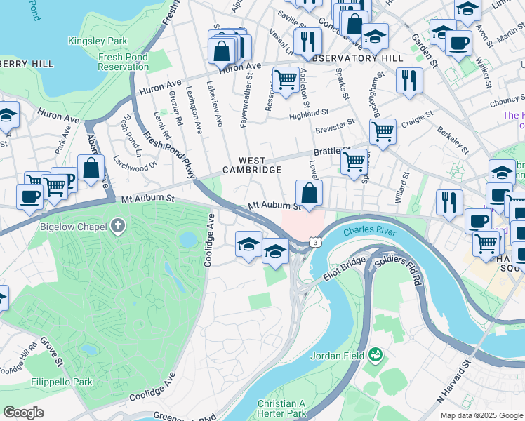 map of restaurants, bars, coffee shops, grocery stores, and more near 360 Mount Auburn Street in Cambridge
