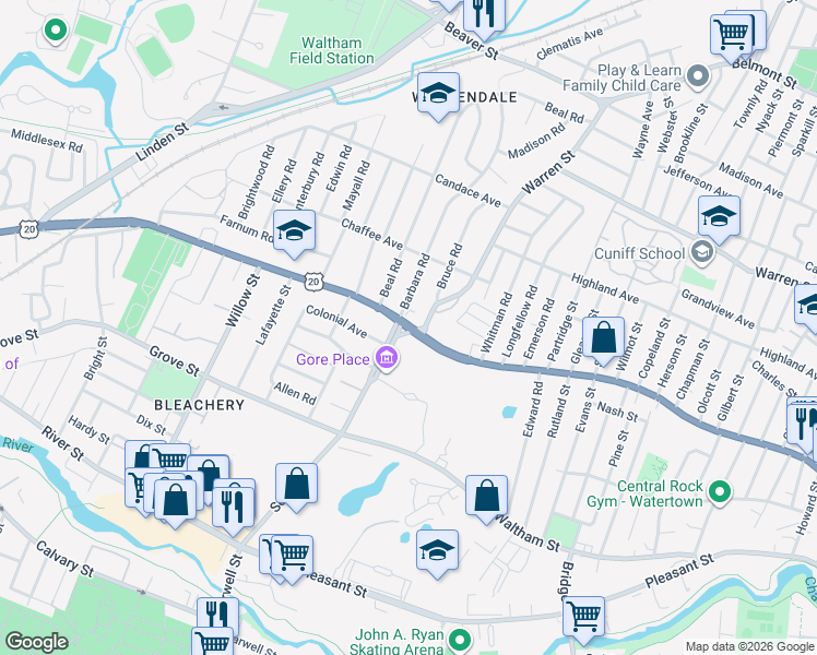 map of restaurants, bars, coffee shops, grocery stores, and more near 65 Main Street in Waltham