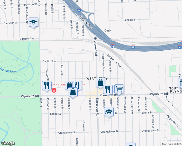 map of restaurants, bars, coffee shops, grocery stores, and more near 12050 Vaughan Street in Detroit