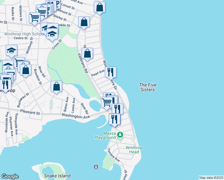 map of restaurants, bars, coffee shops, grocery stores, and more near 53 Cutler Street in Winthrop