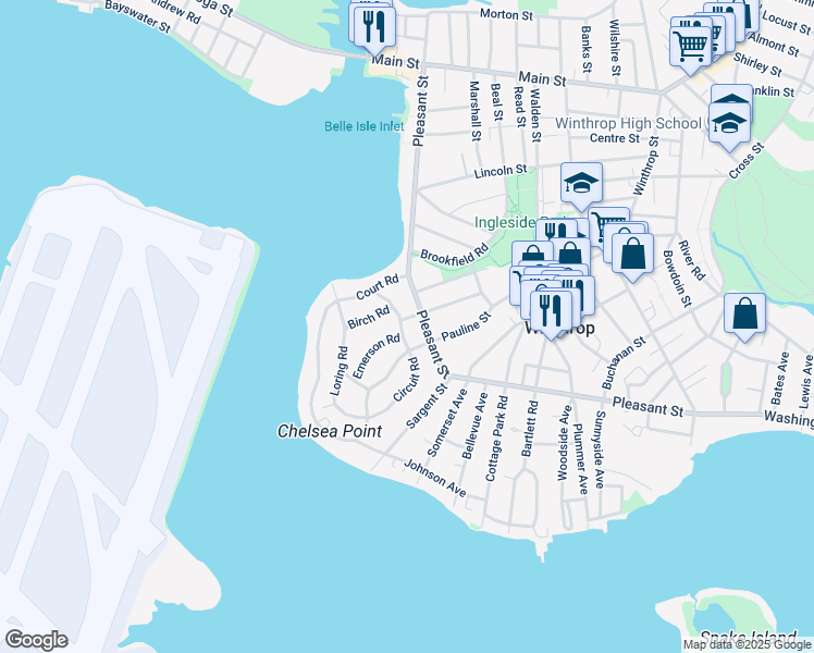 map of restaurants, bars, coffee shops, grocery stores, and more near 100 Waldemar Avenue in Winthrop