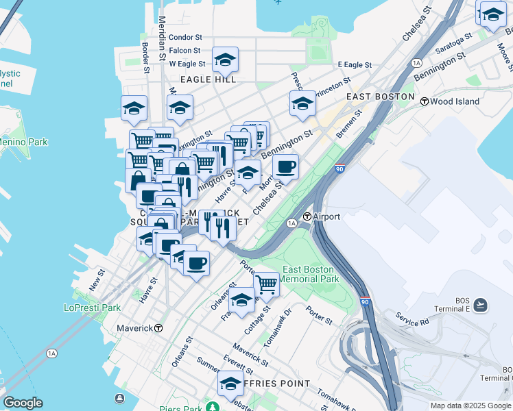 map of restaurants, bars, coffee shops, grocery stores, and more near 223 Marion Street in Boston