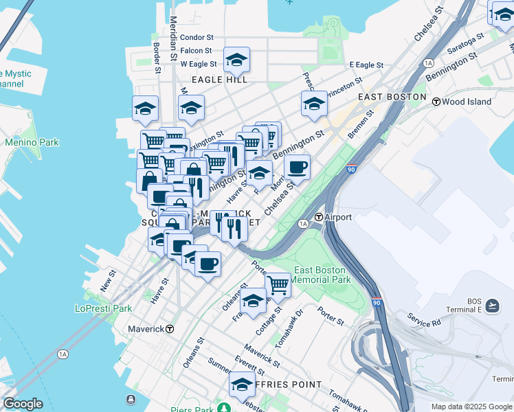 map of restaurants, bars, coffee shops, grocery stores, and more near 223 Marion Street in Boston