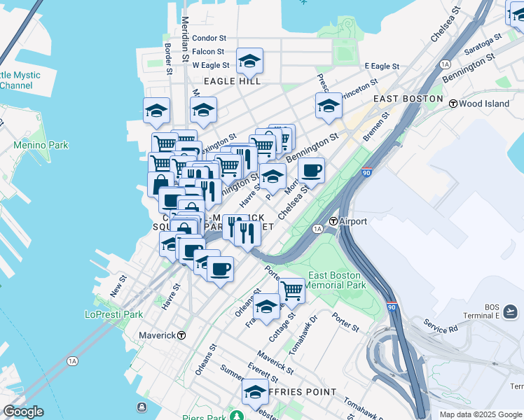 map of restaurants, bars, coffee shops, grocery stores, and more near 223 Marion Street in Boston