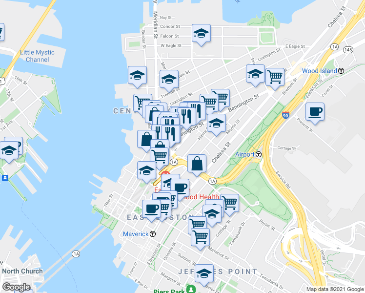 map of restaurants, bars, coffee shops, grocery stores, and more near 67 Bennington Street in Boston