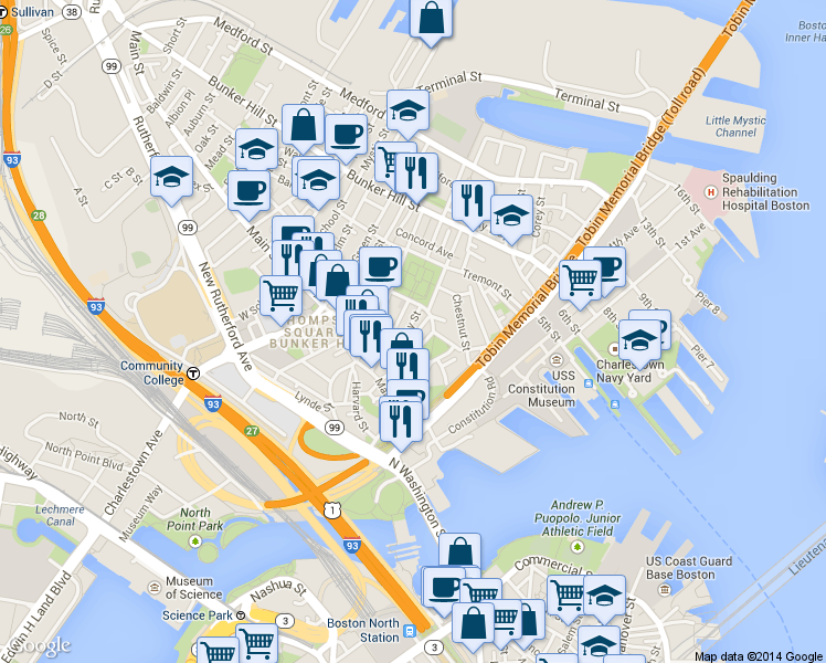 map of restaurants, bars, coffee shops, grocery stores, and more near 47 Soley Street in Boston