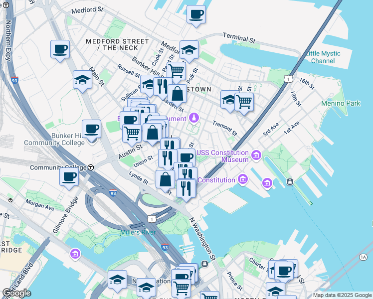 map of restaurants, bars, coffee shops, grocery stores, and more near 47 Soley Street in Boston