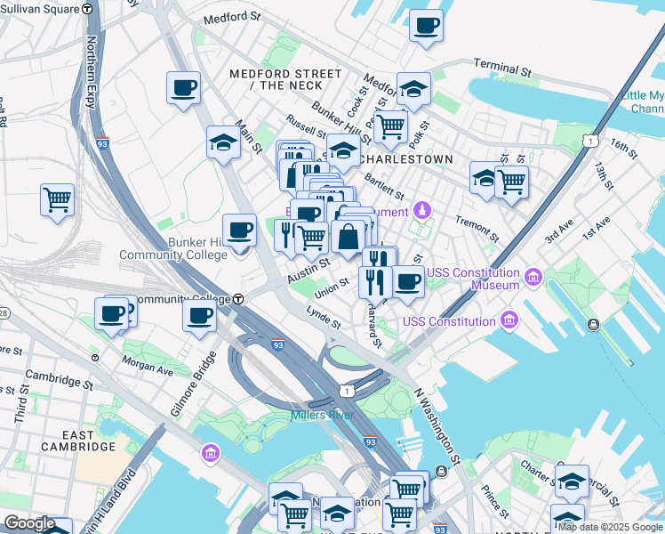 map of restaurants, bars, coffee shops, grocery stores, and more near 20 Lawrence Street in Boston
