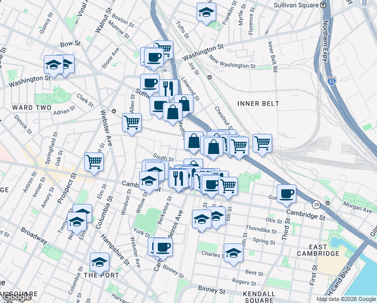 map of restaurants, bars, coffee shops, grocery stores, and more near 39R Medford Street in Somerville