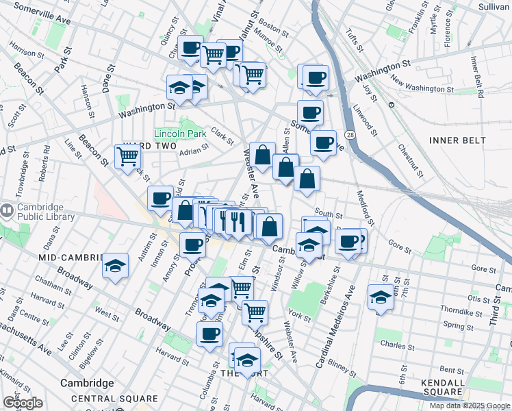 map of restaurants, bars, coffee shops, grocery stores, and more near 1 Tremont Place in Somerville