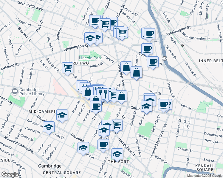 map of restaurants, bars, coffee shops, grocery stores, and more near 110 Prospect Street in Somerville
