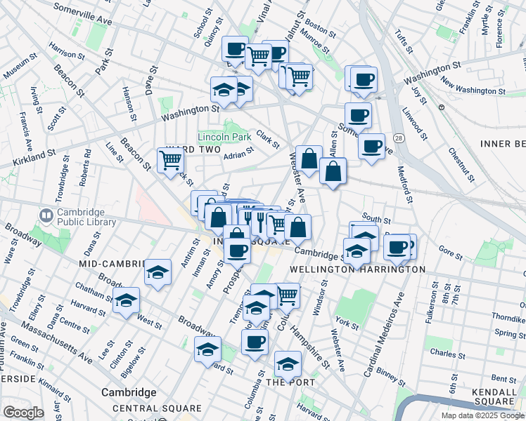 map of restaurants, bars, coffee shops, grocery stores, and more near 110 Prospect Street in Somerville