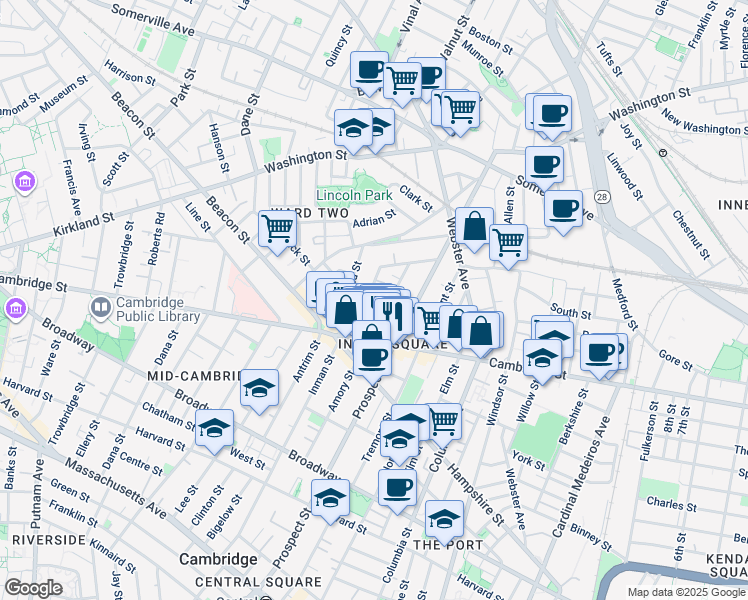 map of restaurants, bars, coffee shops, grocery stores, and more near 25 Houghton Street in Somerville