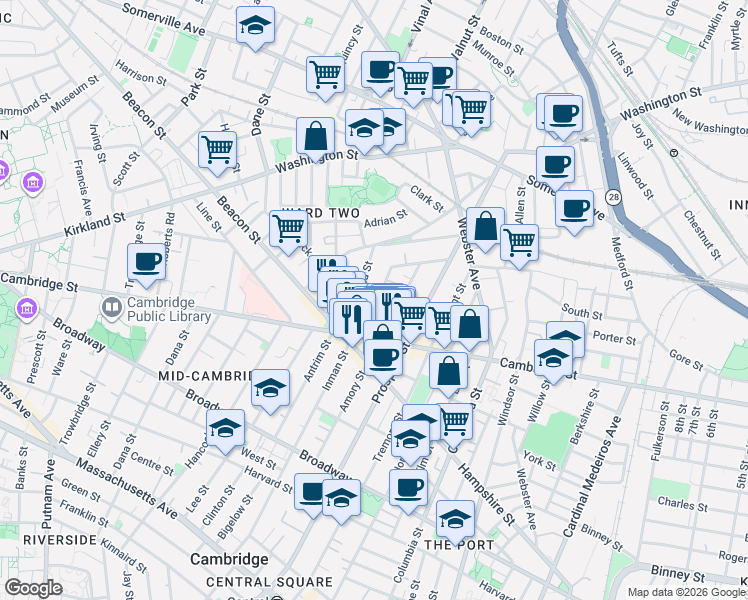 map of restaurants, bars, coffee shops, grocery stores, and more near 37 Springfield Street in Somerville