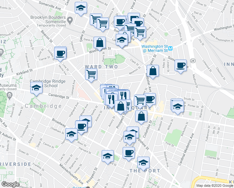 map of restaurants, bars, coffee shops, grocery stores, and more near 37 Springfield Street in Somerville