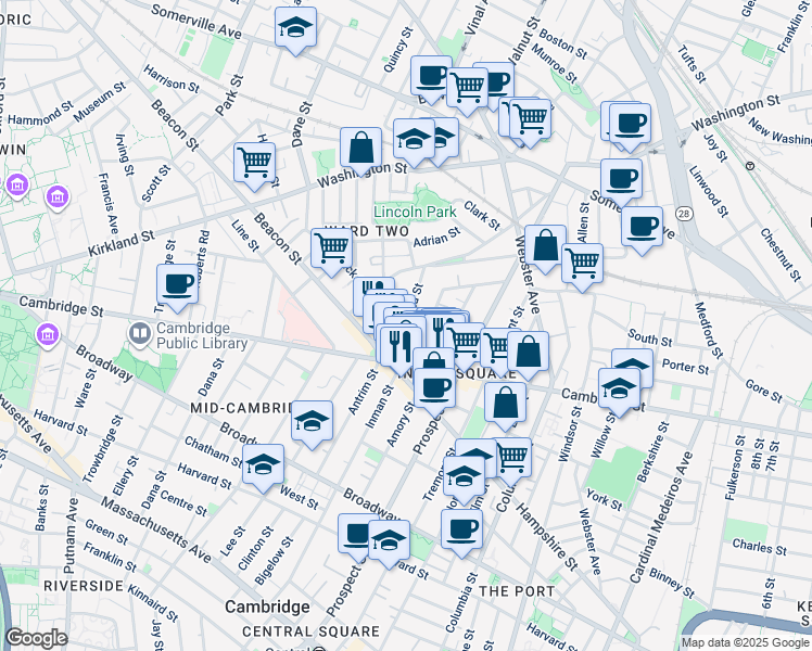 map of restaurants, bars, coffee shops, grocery stores, and more near 37 Springfield Street in Somerville