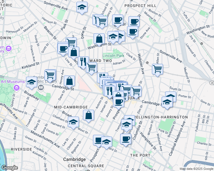 map of restaurants, bars, coffee shops, grocery stores, and more near 17 Hammond Street in Somerville