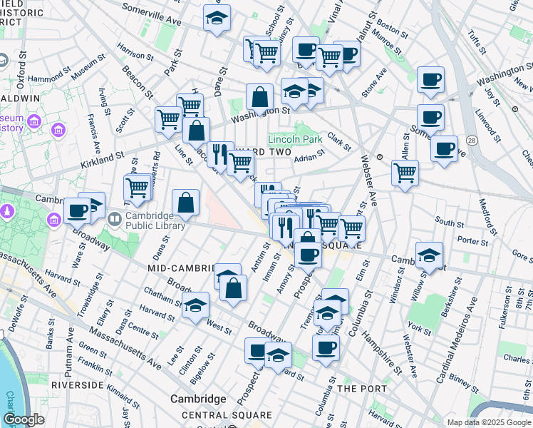 map of restaurants, bars, coffee shops, grocery stores, and more near 17 Hammond Street in Somerville