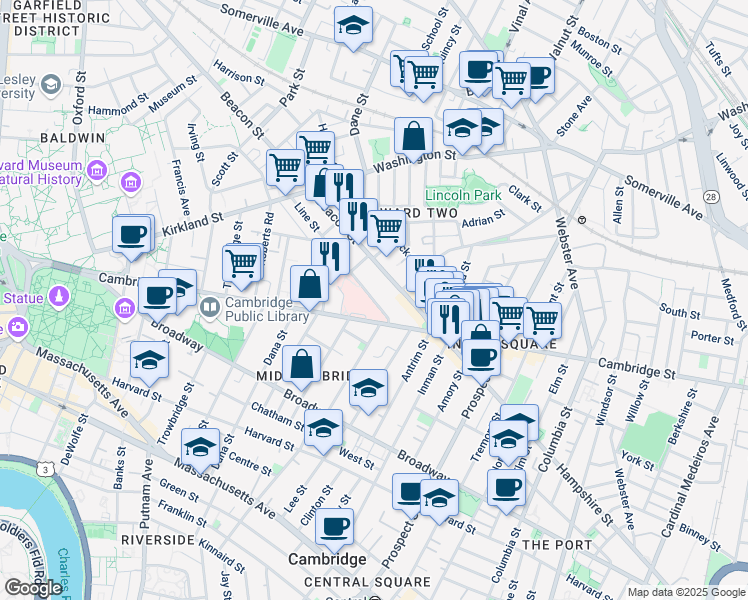 map of restaurants, bars, coffee shops, grocery stores, and more near 28 Beacon Street in Somerville