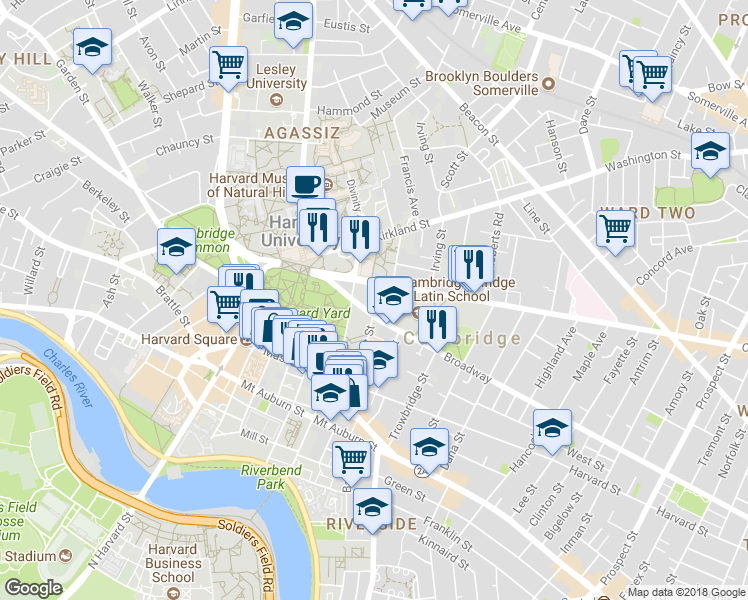 map of restaurants, bars, coffee shops, grocery stores, and more near 95 Prescott Street in Cambridge