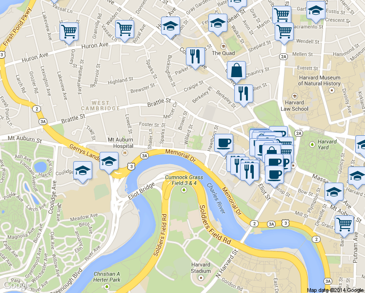 map of restaurants, bars, coffee shops, grocery stores, and more near 33 Willard Street in Cambridge