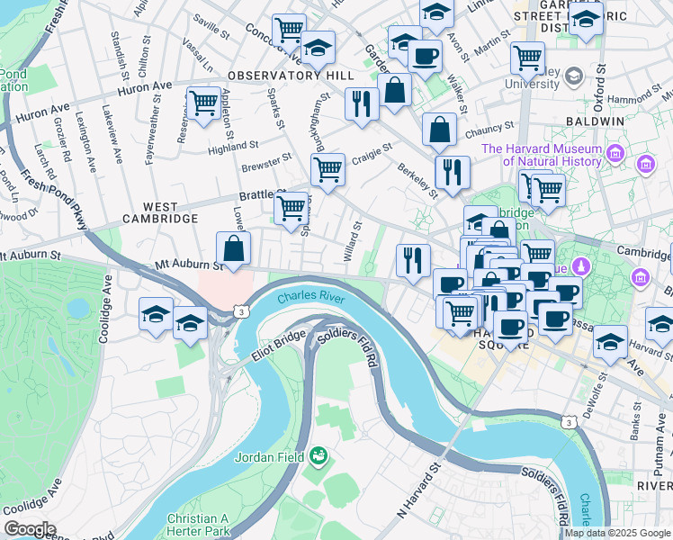 map of restaurants, bars, coffee shops, grocery stores, and more near 33 Willard Street in Cambridge
