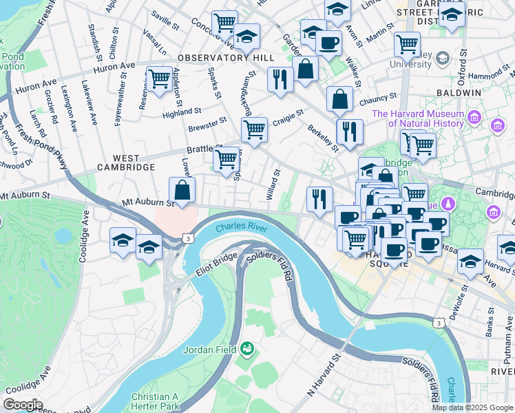 map of restaurants, bars, coffee shops, grocery stores, and more near 33 Willard Street in Cambridge