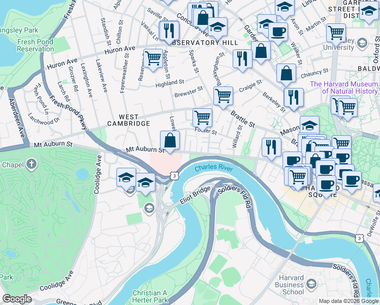 map of restaurants, bars, coffee shops, grocery stores, and more near 5 Shaler Lane in Cambridge