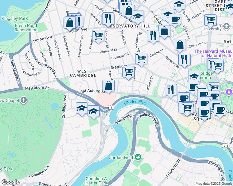 map of restaurants, bars, coffee shops, grocery stores, and more near 271 Mount Auburn Street in Cambridge