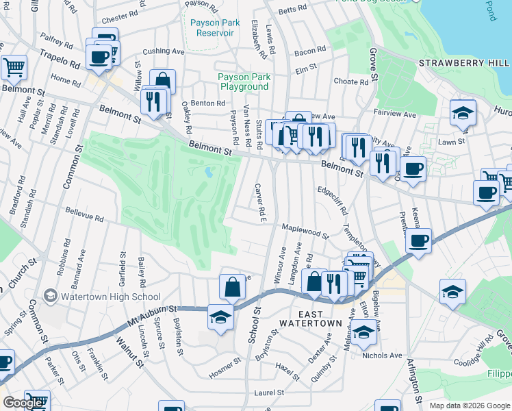 map of restaurants, bars, coffee shops, grocery stores, and more near 61 Carver Road in Watertown