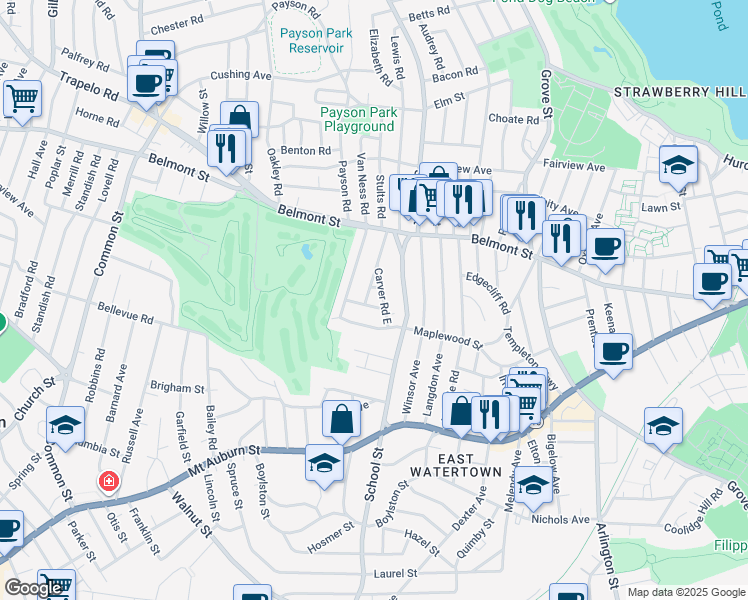 map of restaurants, bars, coffee shops, grocery stores, and more near 61 Carver Road in Watertown