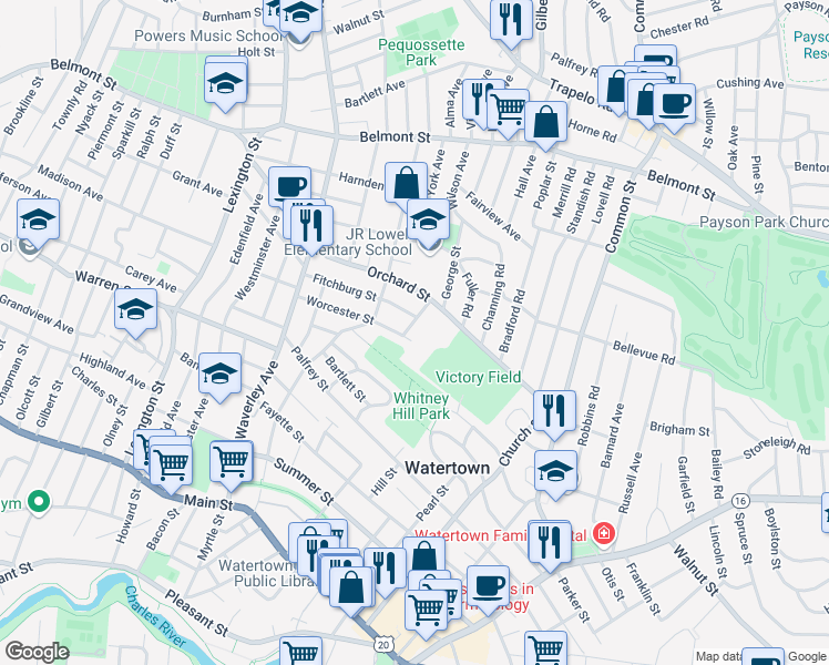 map of restaurants, bars, coffee shops, grocery stores, and more near 26 Lawrence Street in Watertown